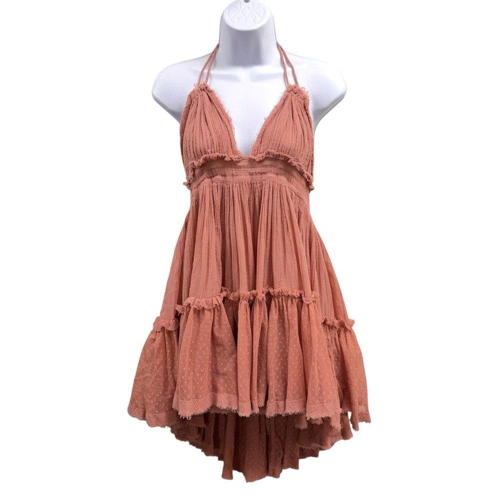 Free People Womens XS 100% Cotton‎ Mini Dress Lace Hem Boho V-Neck Halter Beach